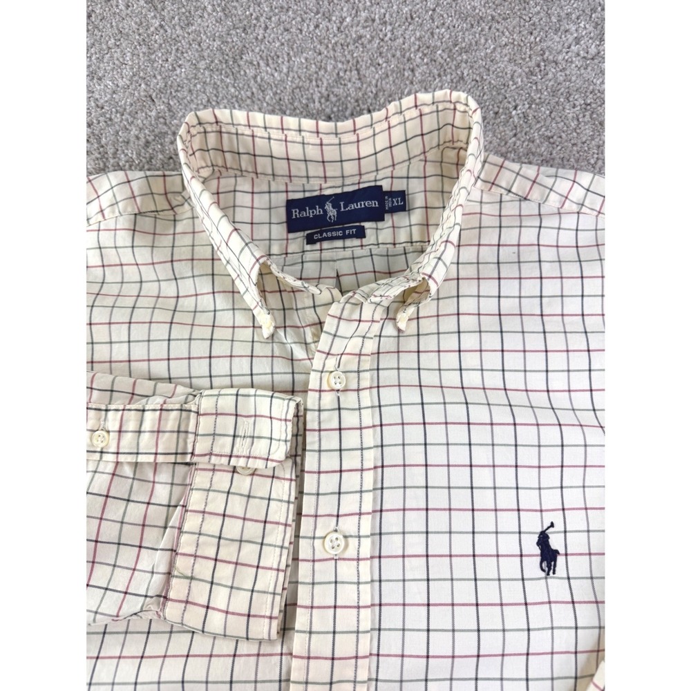 Ralph Lauren Button Down Shirt Mens XL Cream Tattersall Check Classic Cotton‎